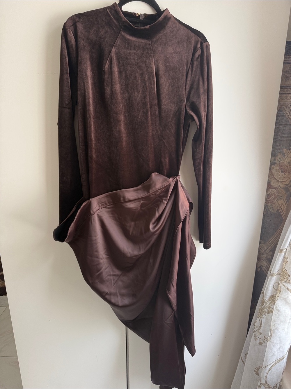 Club L London Sasha Long Sleeve Chocolate Brown Velvet Wrap-Style Dress